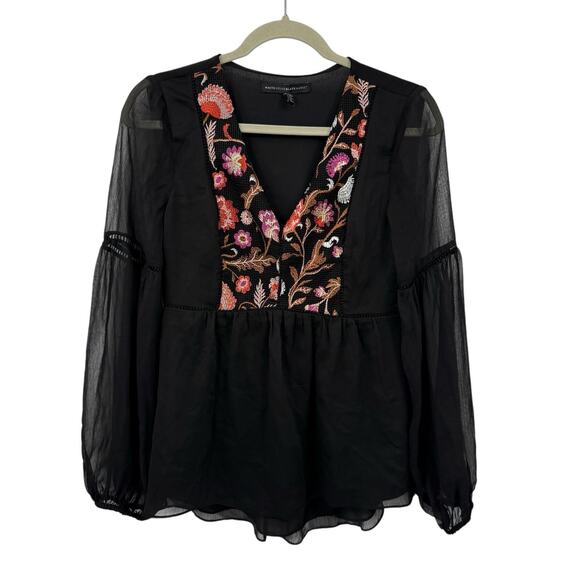 WHBM Black Floral Embroidered Chiffon Top XS Boho Fairy Bell Sleeve V Neck Sheer - Picture 6 of 10